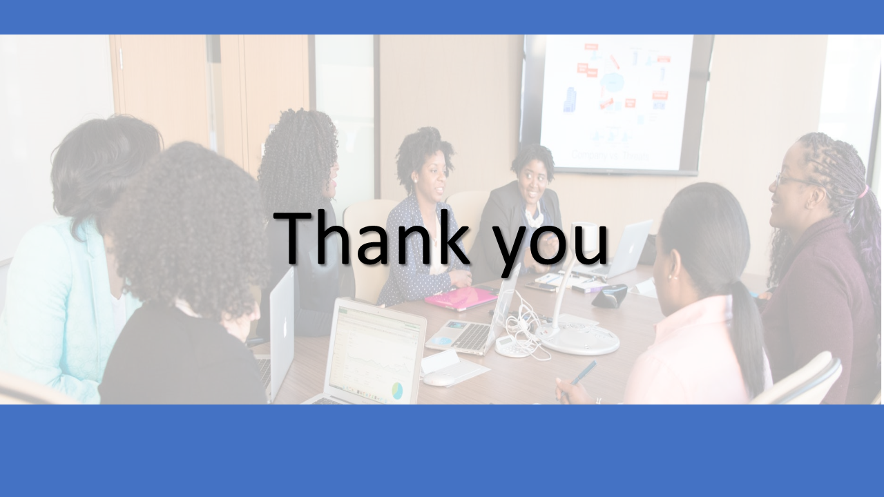 Thank you slide with a group of professionals in a meeting with a blue footer and overlaid a title in bold.