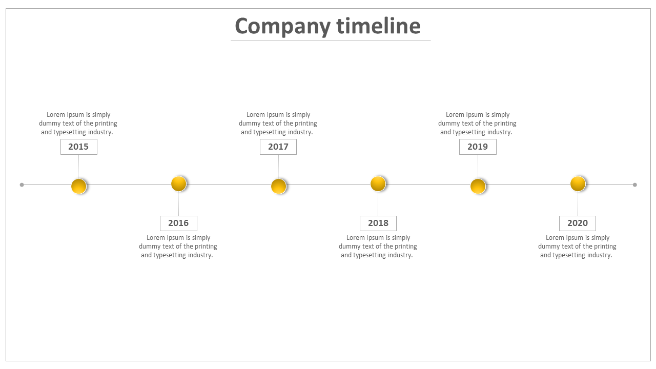 Simple company timeline with six yellow milestone circles on a straight line, marking years 2015 to 2020.