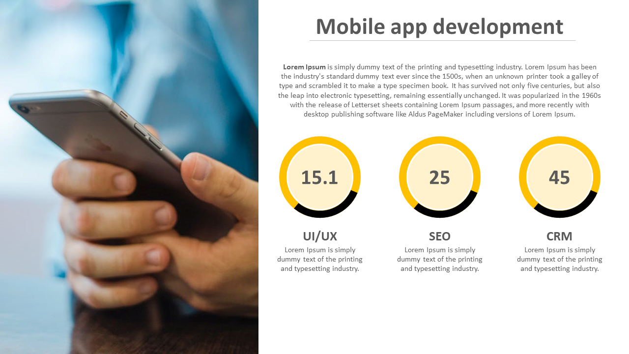 Mobile app development slide with a person holding a phone and three circular progress icons in yellow and black.