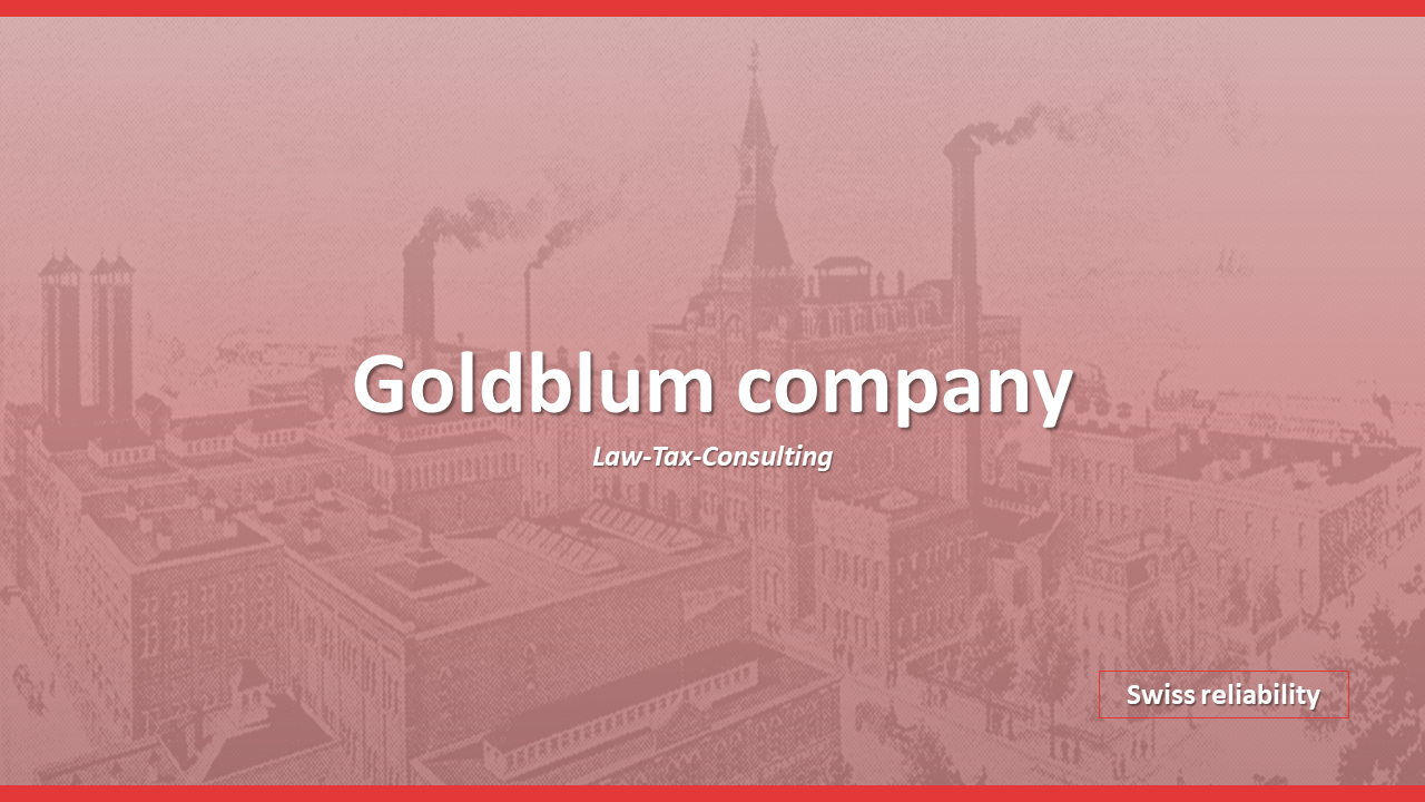 Company branding slide with a historic factory background, large white text in the middle, and a red Swiss reliability label.