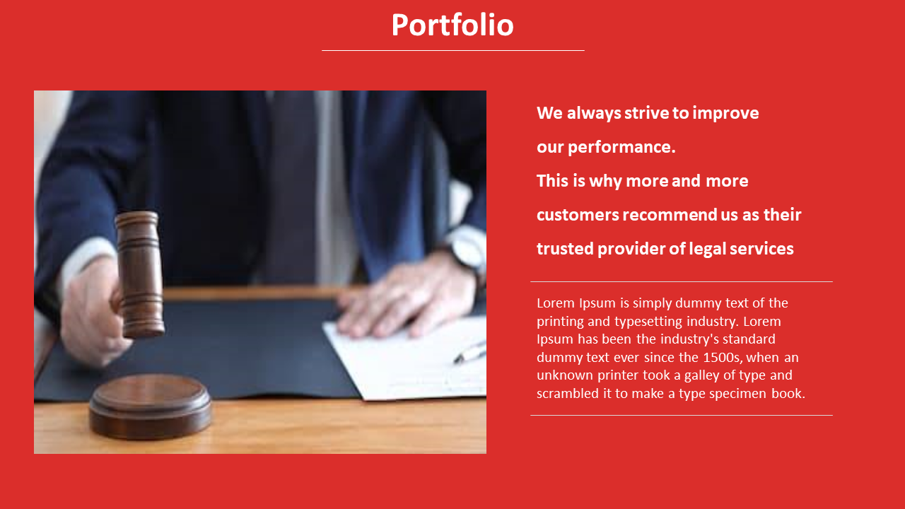Portfolio slide with a judge’s gavel image on the left and a red background on the right containing bold white text.