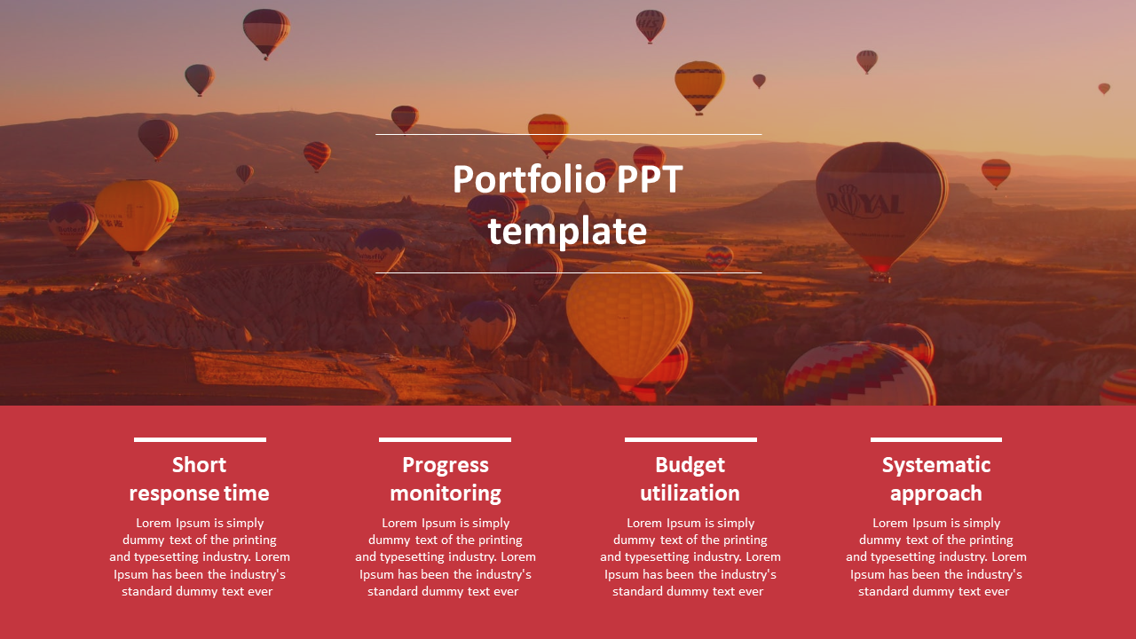 A portfolio PPT slide with vibrant hot air balloons and sections highlighting key factors with placeholder text.