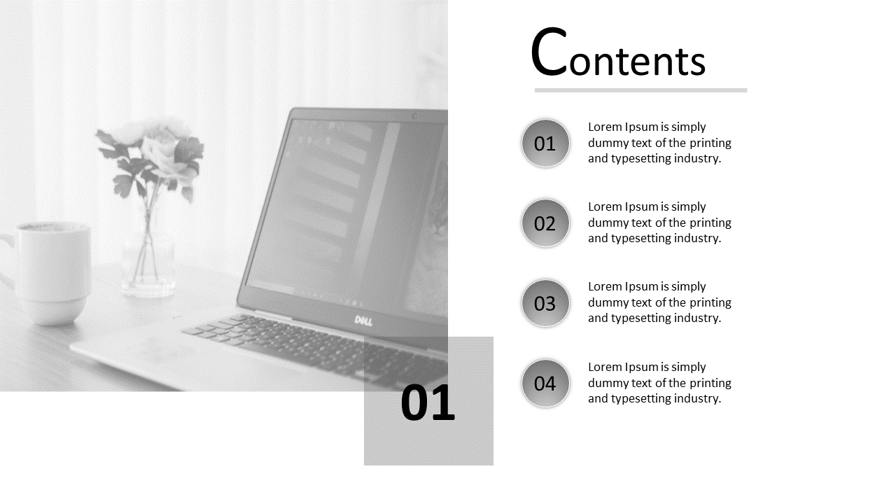 Content slide with a list of four items, numbered 01 to 04, with a soft background image of a laptop and a coffee cup.
