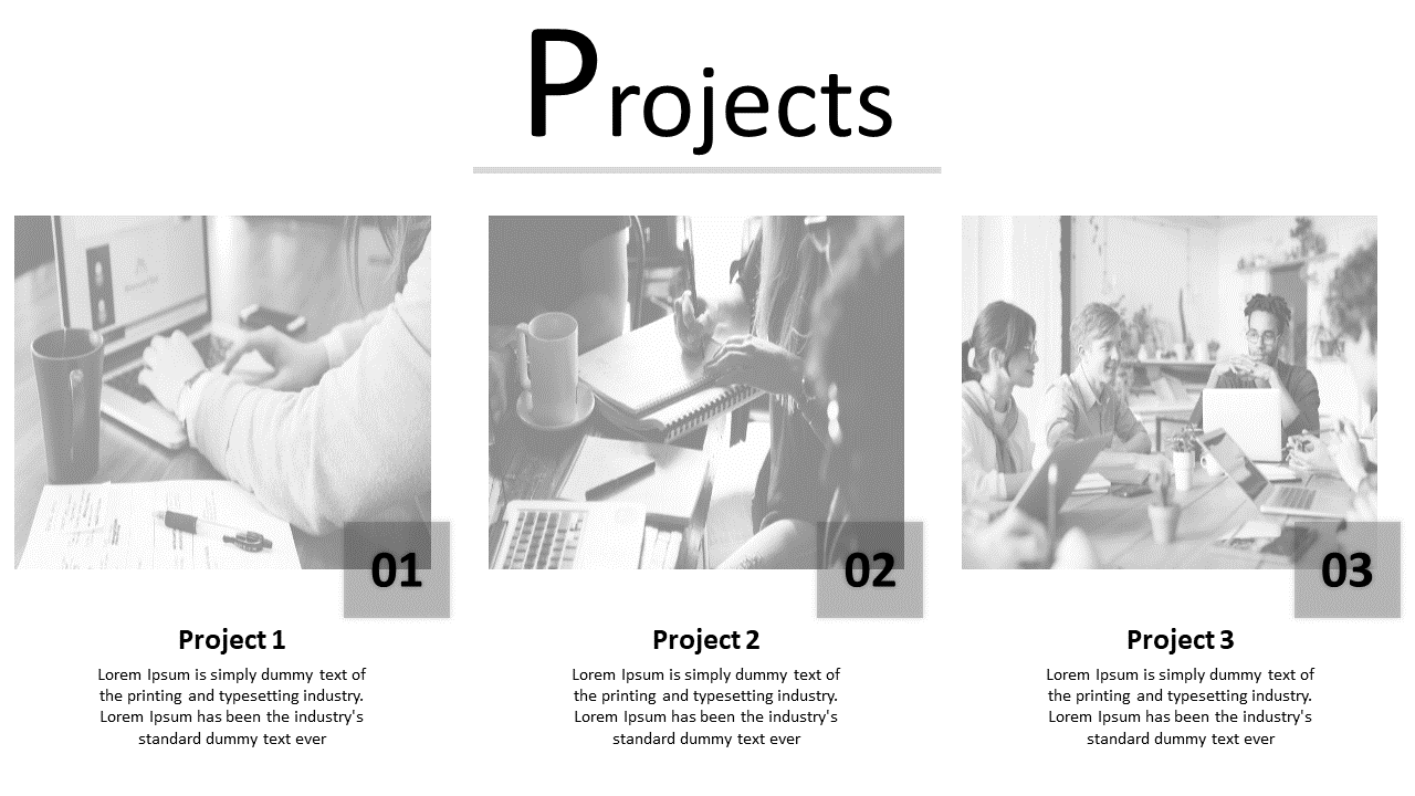 Products slide with three gray rectangular sections, each featuring an icon, product name, and description.