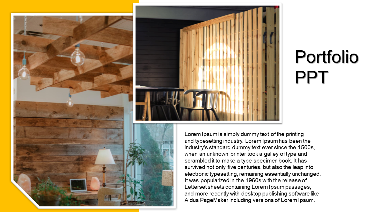 Modern portfolio slide featuring a wooden interior design theme, two layered images, and a descriptive text section.