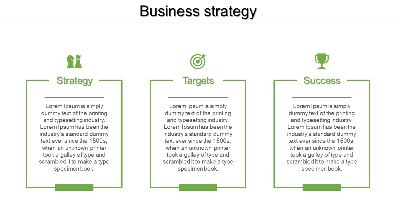 Business strategy PowerPoint slide featuring Strategy, Targets, and Success with corresponding icons and text.