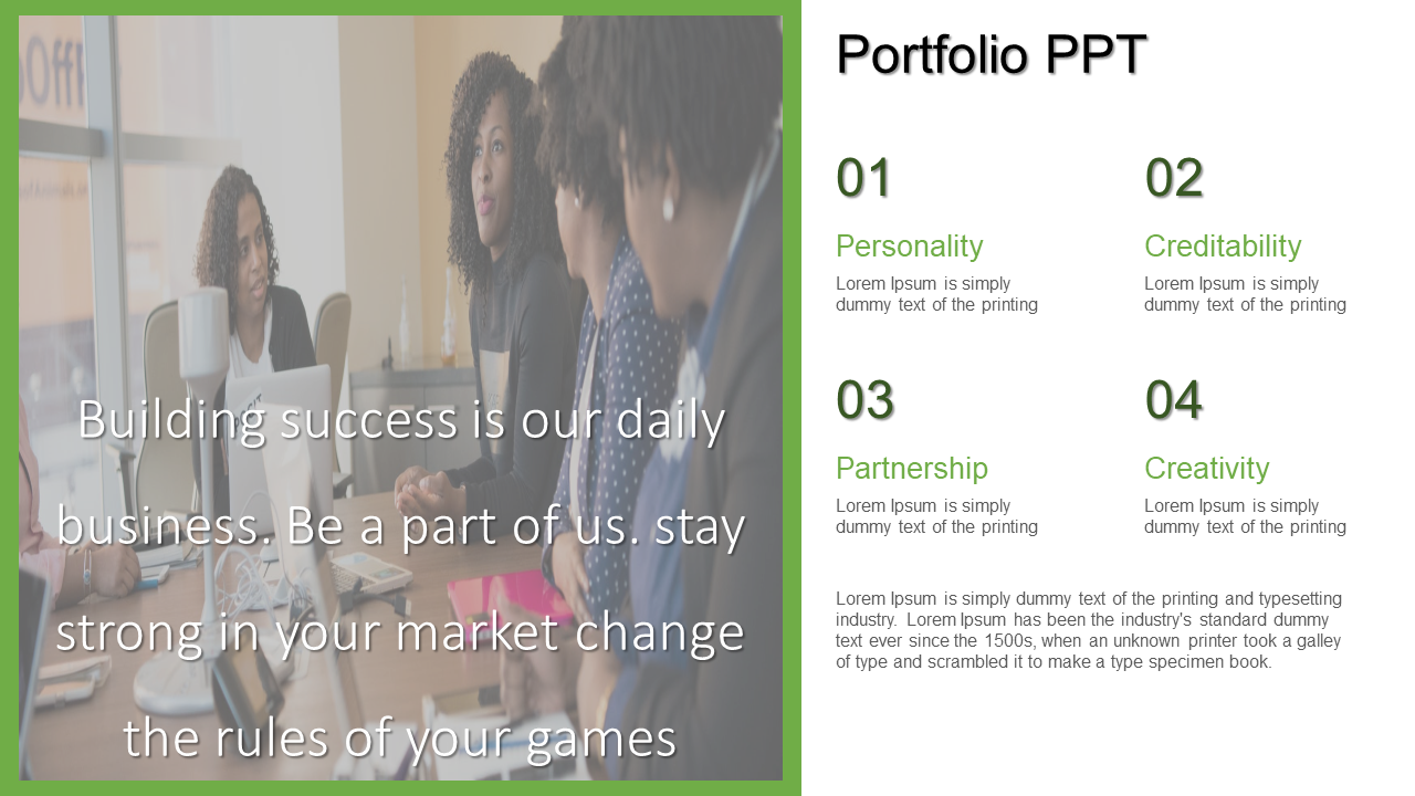 Portfolio PPT slide with a business meeting image on the left, overlaid with a motivational quote, and four attributes.