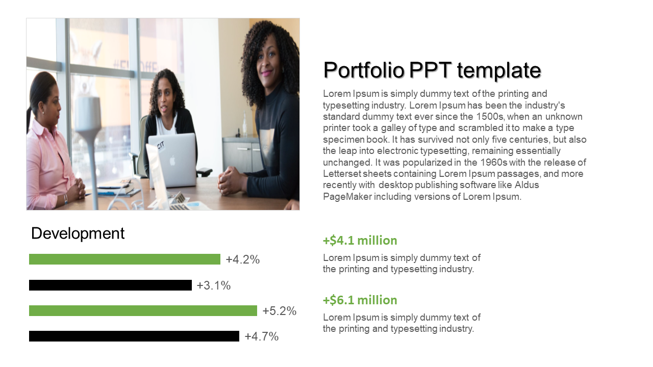 Portfolio slide with a business meeting image, a descriptive text block on the right, and development progress bars.