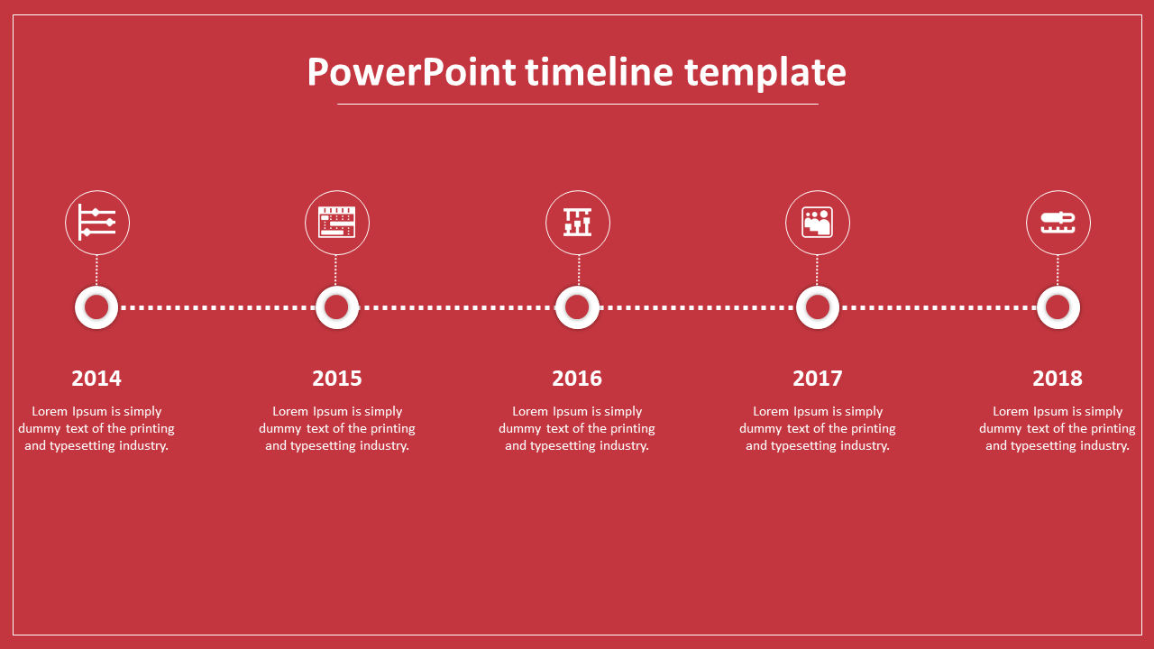 Horizontal timeline from 2014 to 2018 on a red background, featuring circular icons connected by a dotted line.