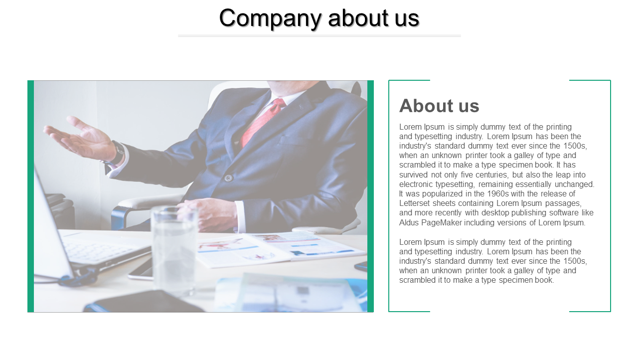 About us slide with a businessperson speaking, featuring a green bordered text box and company information.