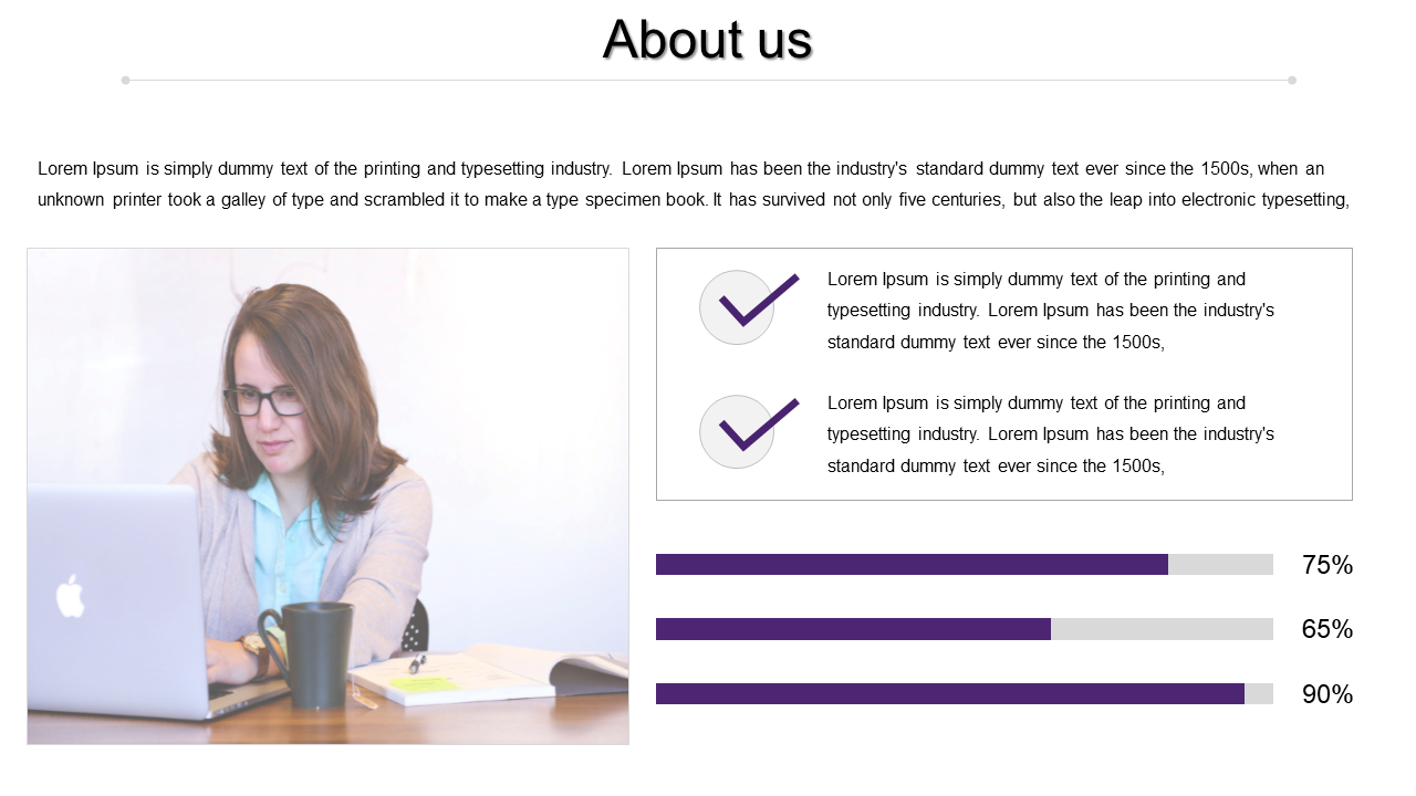 About us slide with a woman on a laptop, a text section with checkmarks, and purple progress bars showing percentages.