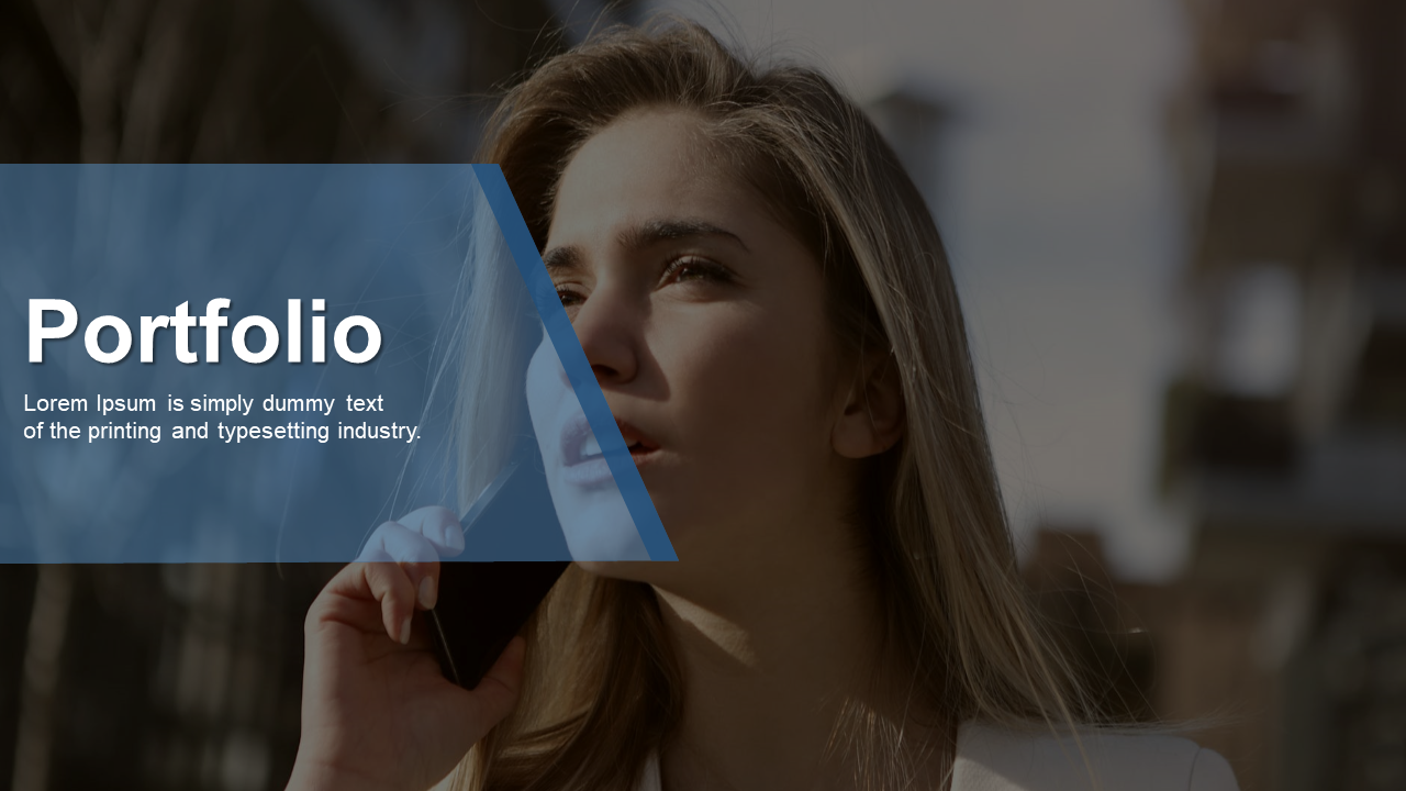 Slide showcasing a portfolio with a woman holding a phone, featuring a blue overlay and white text.