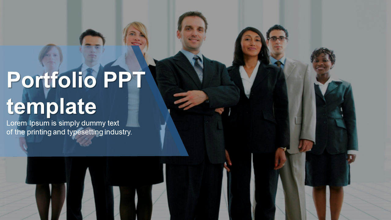 Group of professionals in business attire for a portfolio PowerPoint template.