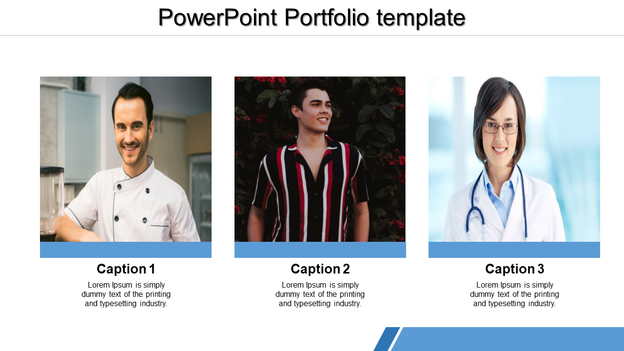 Portfolio slide displaying three professional portraits: a chef, a casually dressed man, and a doctor, each with a caption.