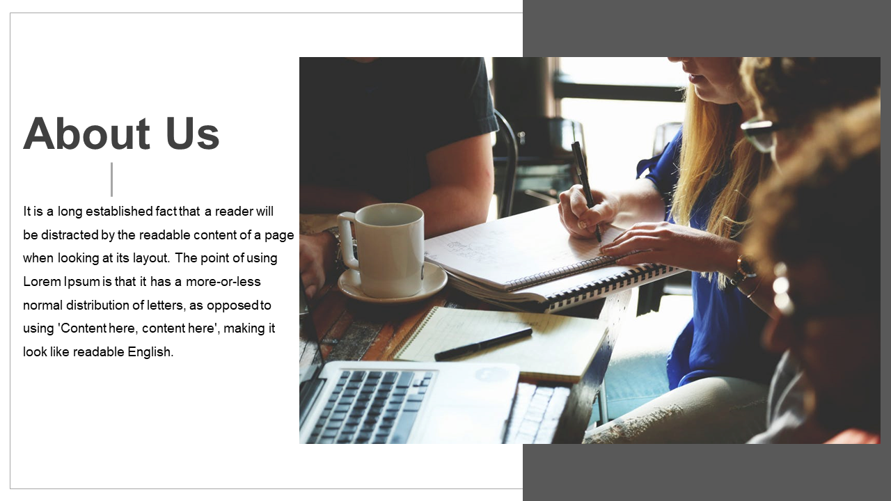 About us slide with a photo of people working together with coffee cups and notebooks, and text on the left.