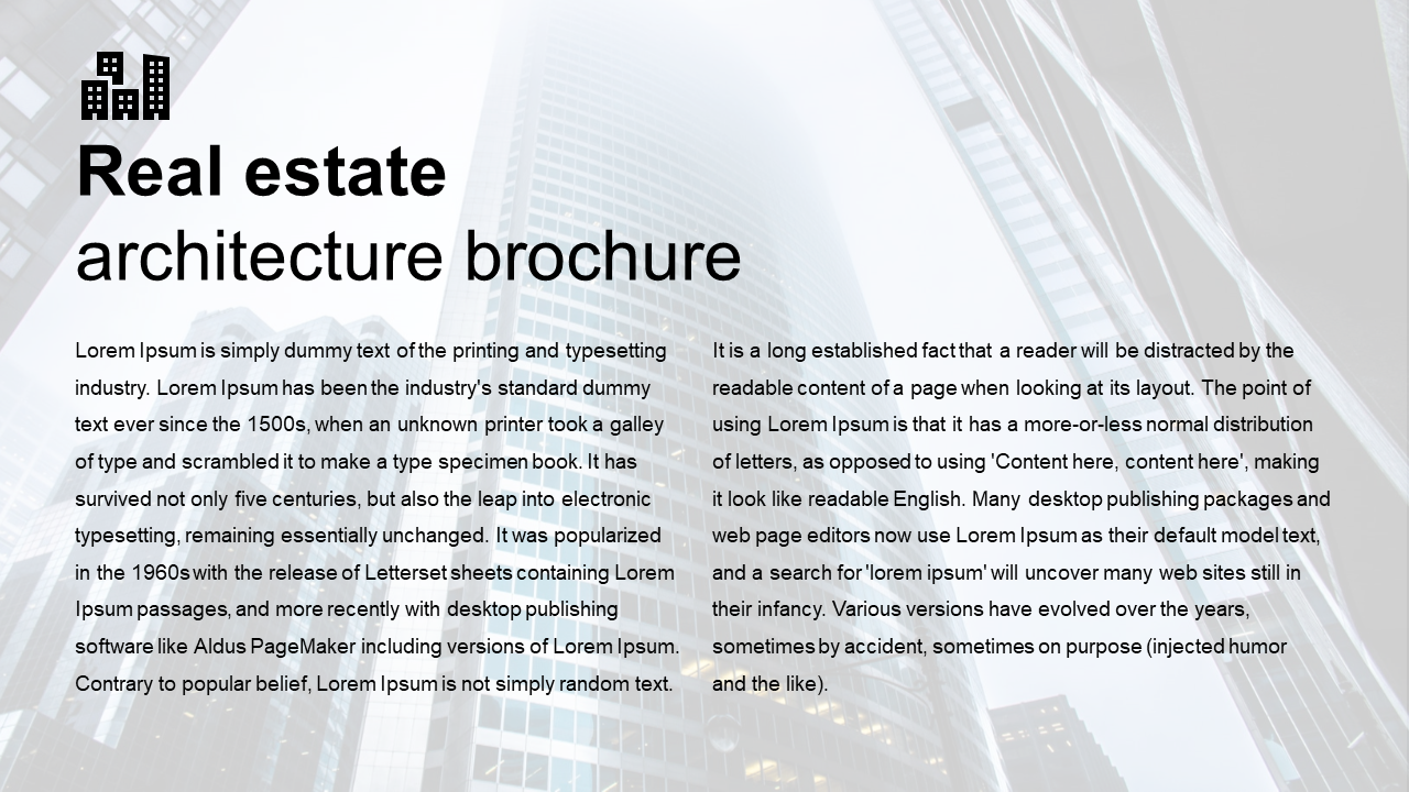 Real estate architecture brochure slide with a modern skyscraper background and descriptive text on the industry.