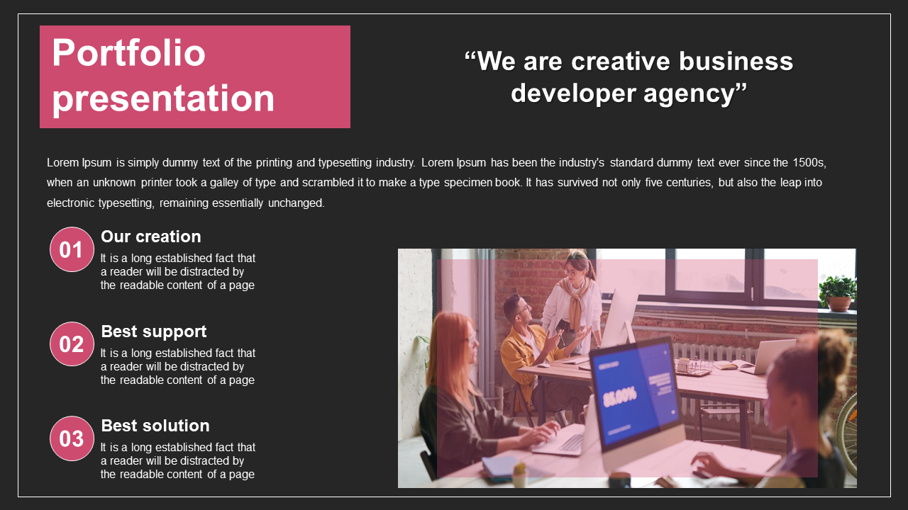 Dark themed portfolio slide with a pink title box, numbered sections, a quote on the right, and an office meeting image