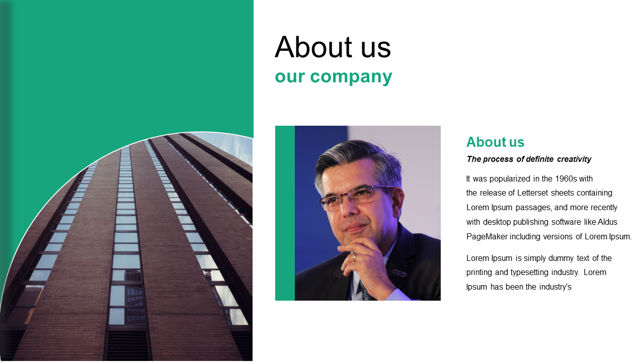 About us slide with a building photo on a green backdrop, and a business professional image and text on the right.