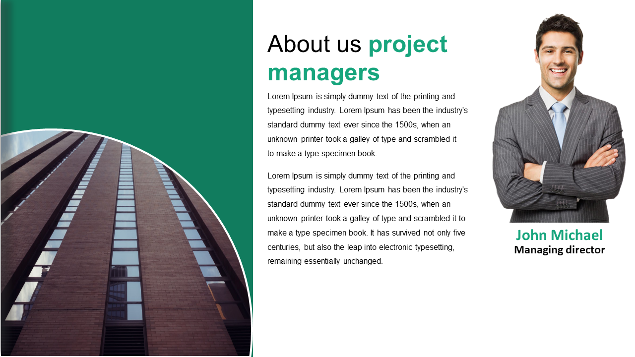 Company profile slide with a layout, displaying a office building, project manager introduction, and a smiling businessman.