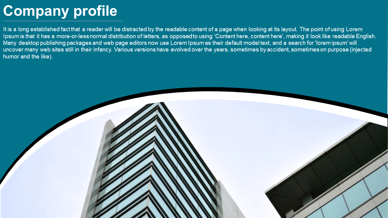 Company profile PowerPoint template with an image of a modern building and teal background.