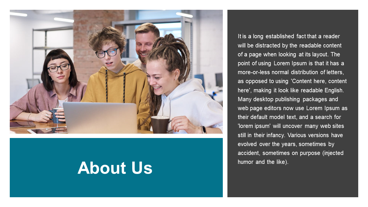 About Us slide with a workspace photo of smiling colleagues, a structured layout, and a descriptive text area.