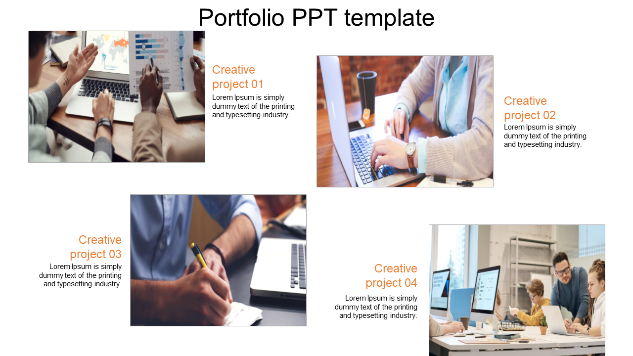 Portfolio slide displaying four images related to creative projects with orange text labels and descriptions.