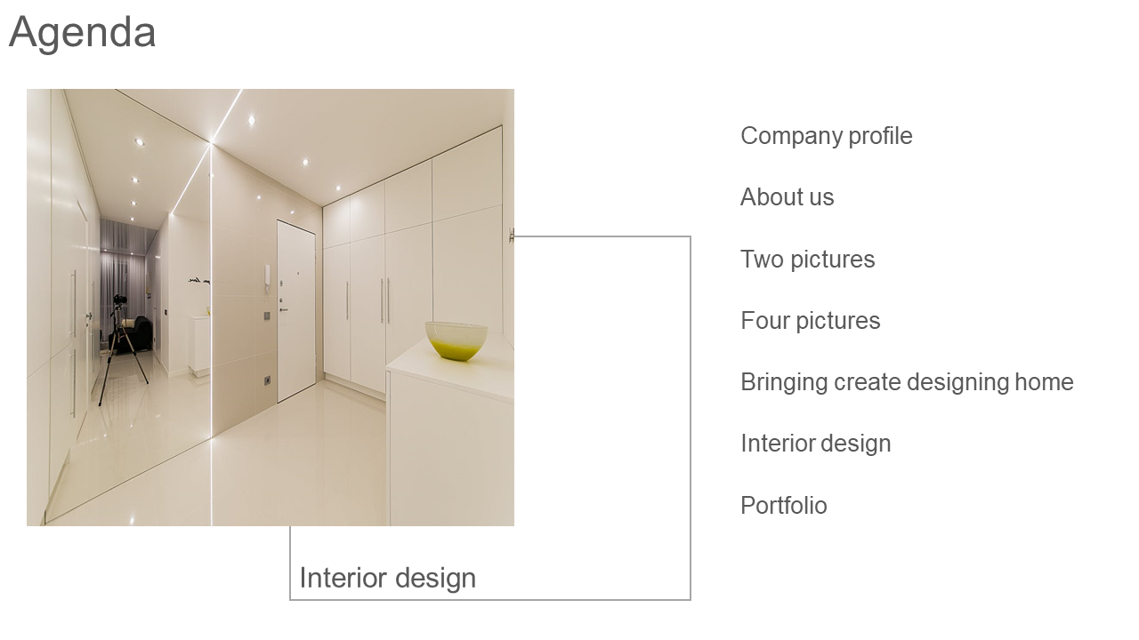 Slide with a modern white interior hallway image, and a list of agenda items in gray text beside it.