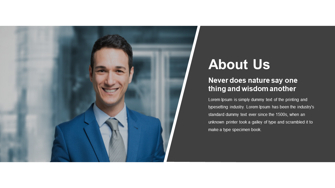 About Us slide with a split layout, featuring a smiling businessman in a blue suit and a dark background text section.