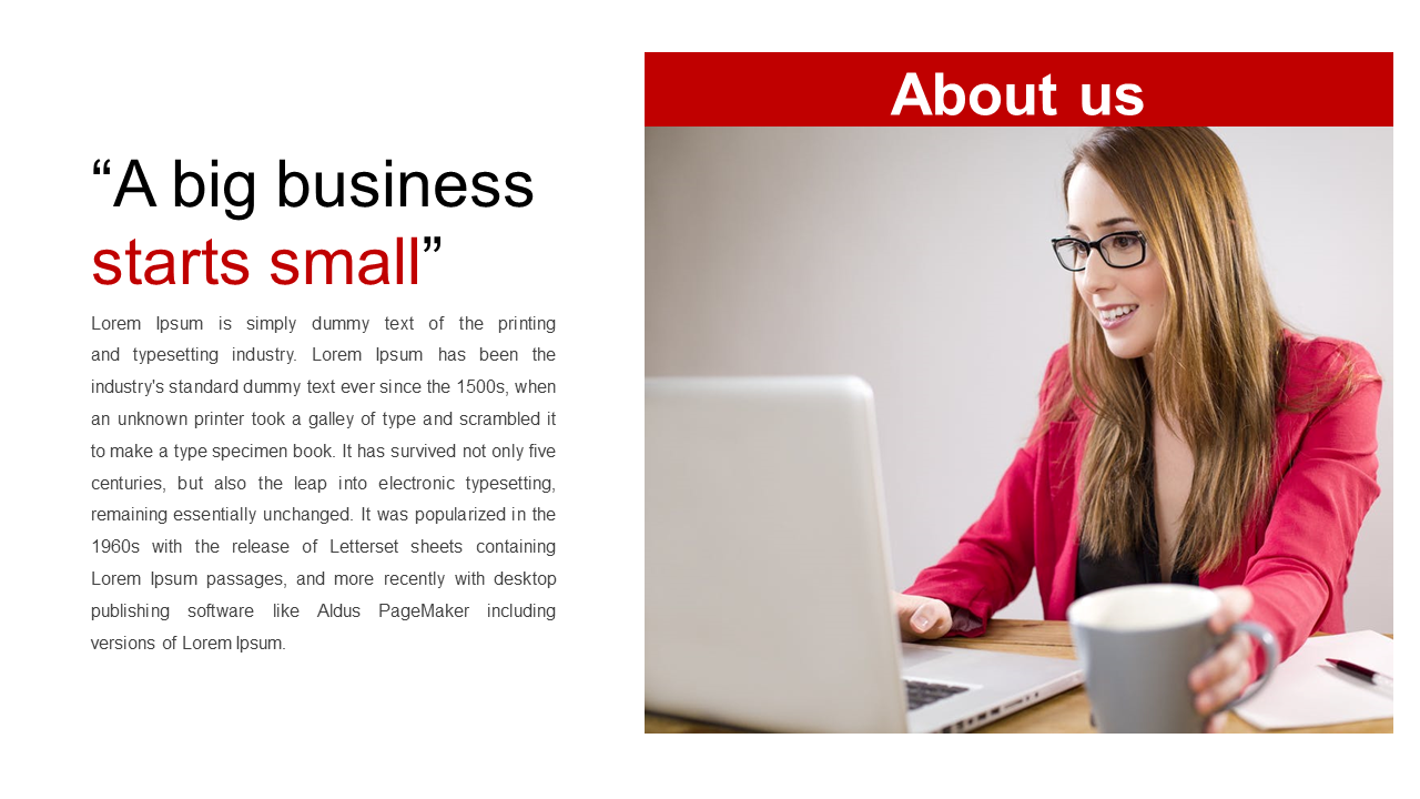 About us PowerPoint slide with a woman smiling while working on a laptop, accompanied by a placeholder text.