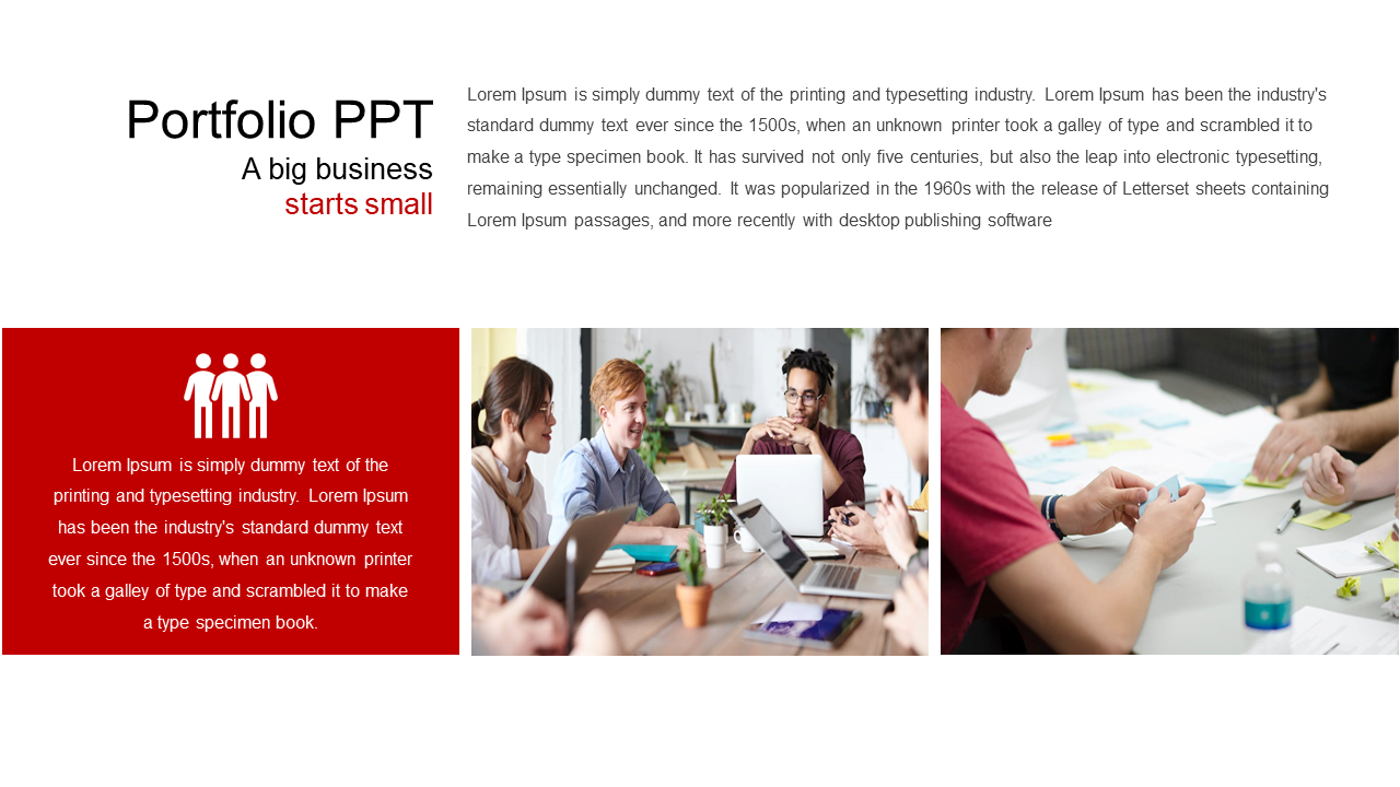 Portfolio slide showing a group of people in a meeting, discussing business plans with sticky notes, and a business quote.