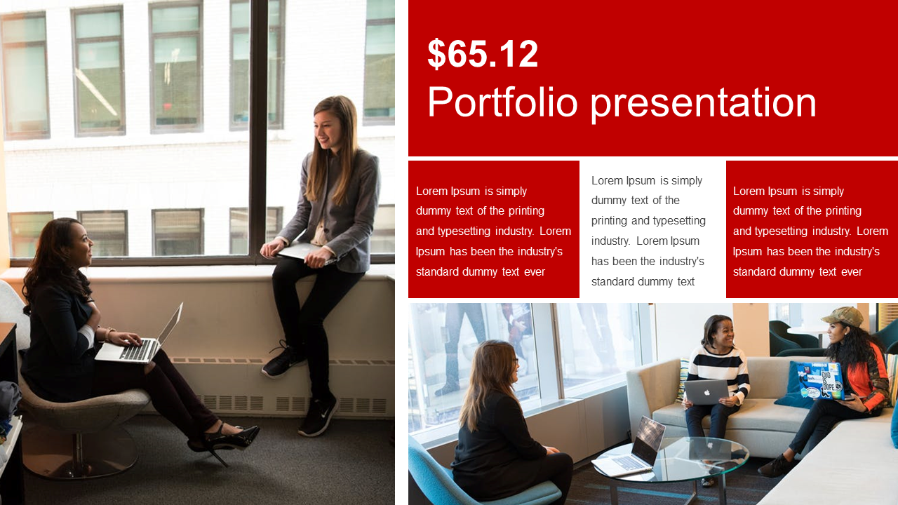 Portfolio slide with a red header, and three sections of text beside two images of women sitting by a window.