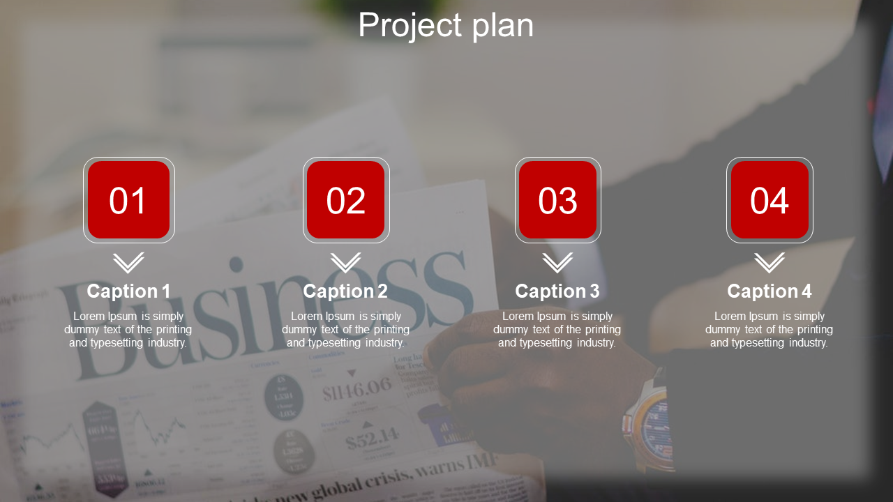 Project plan slide featuring four red numbered steps with captions over a blurred business newspaper background.