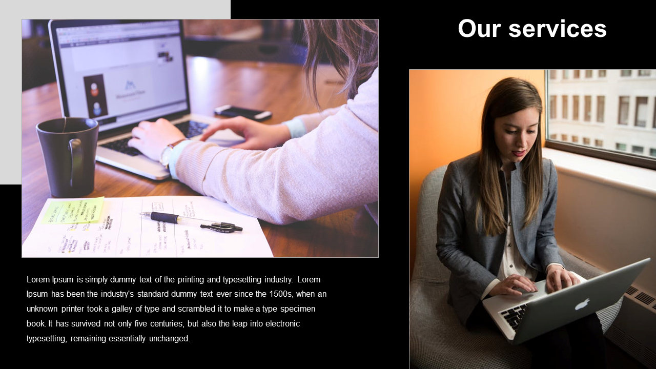 Company portfolio slide with a black background, featuring an image of a desktop computer on a workspace and a text section.