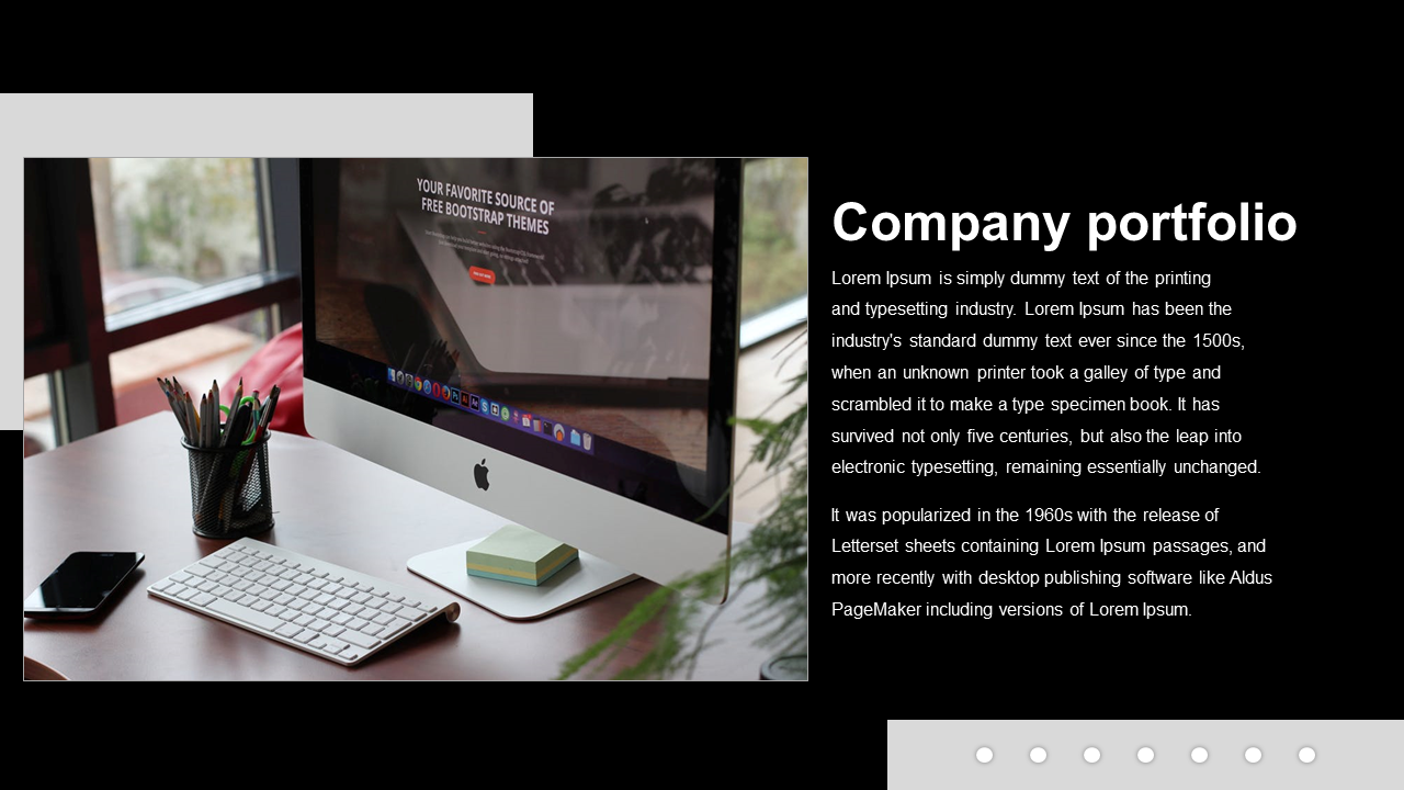 Portfolio slide with a black background, featuring two images of professionals working on laptops and a text section.