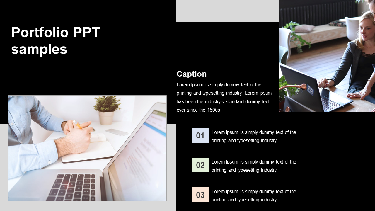 Portfolio slide with a black and white background, featuring a woman working on a laptop with code on the screen. 