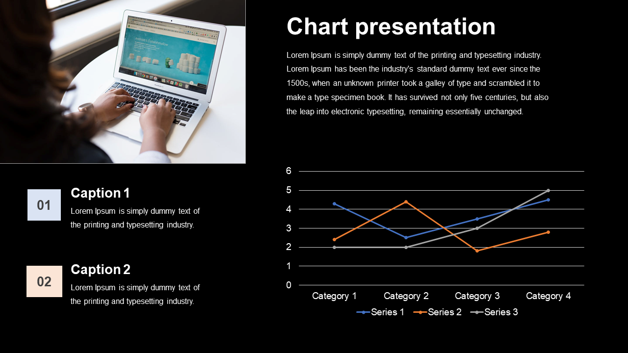 Chart presentation PowerPoint slide featuring a laptop screen and a line graph with categories and series.