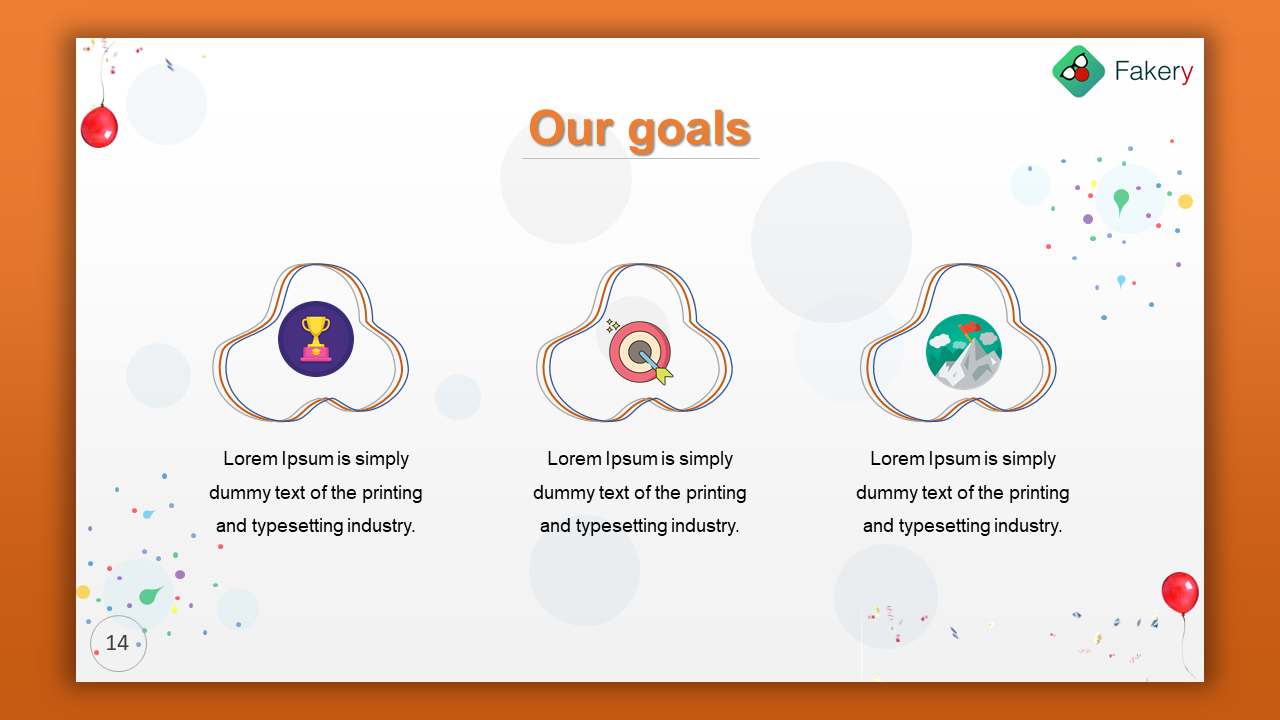 Goals slide with outlined icons symbolizing success, target achievement, and milestones, set against an orange layout.