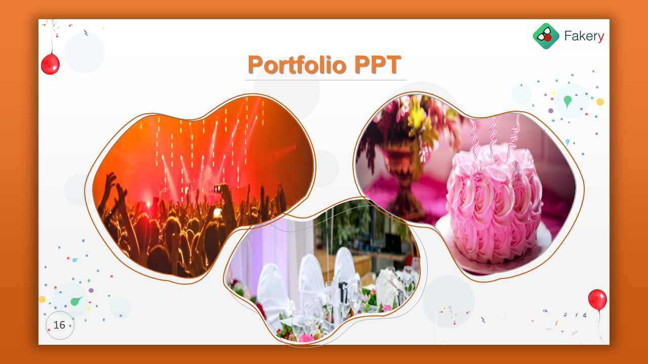 Slide with three irregularly shaped frames showing a concert, a banquet setting, and a pink cake, on a festive design.