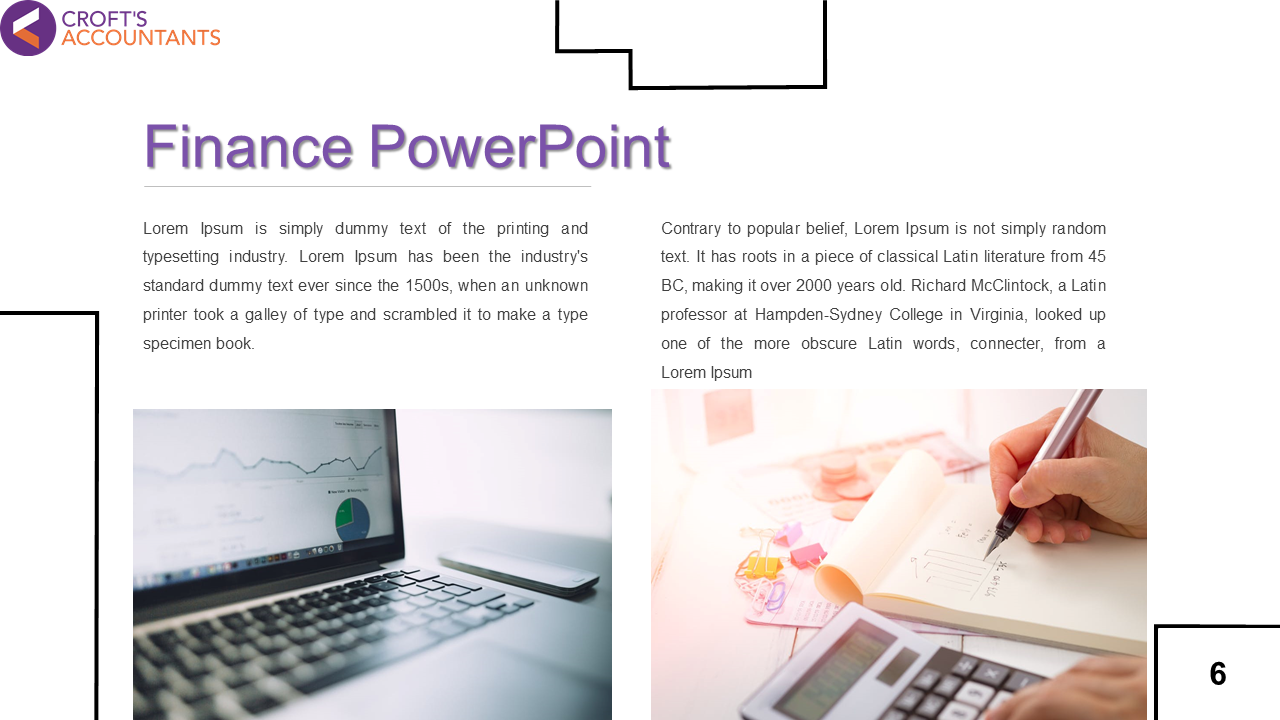 Finance slide showing two images of a laptop with colorful charts and a hand writing on a notebook, paired with text.
