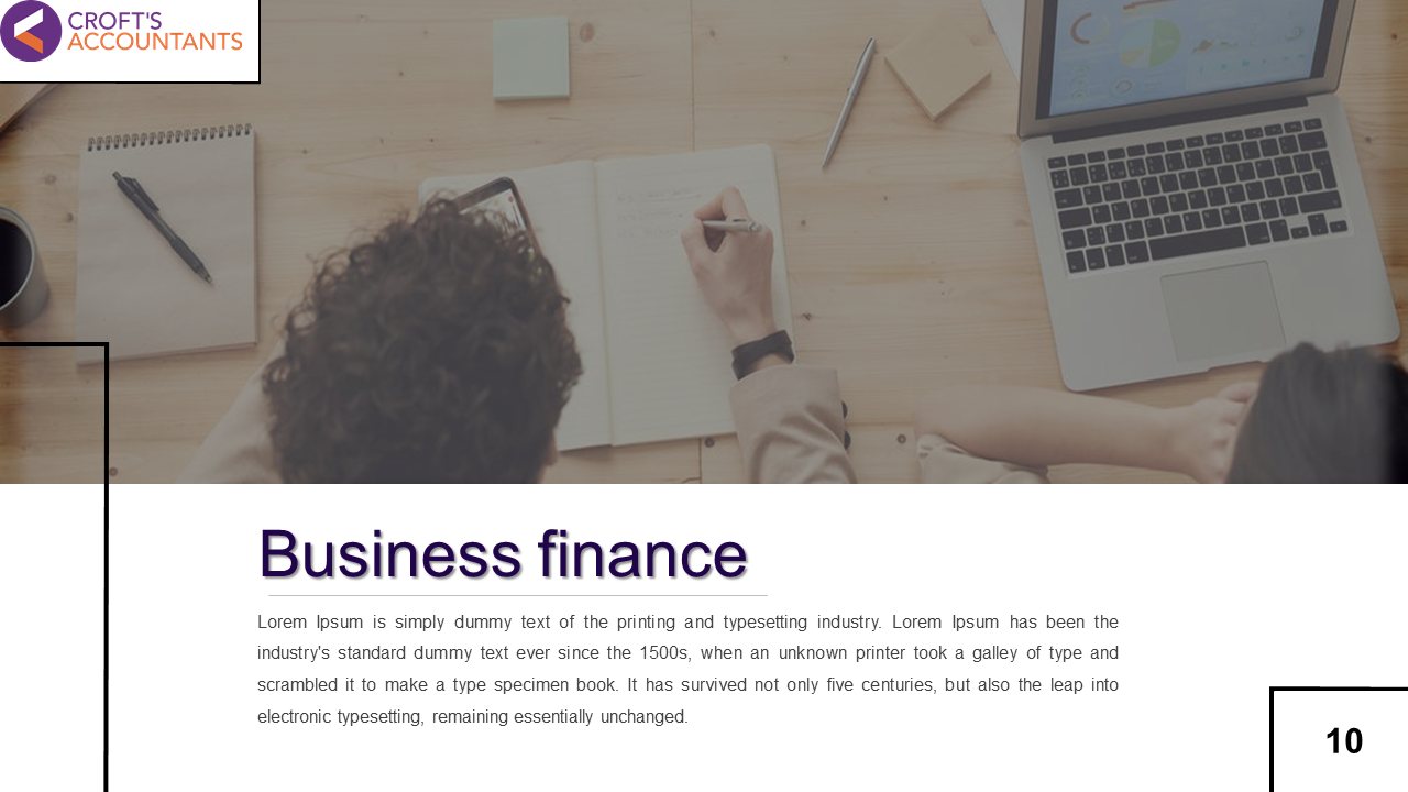 Business finance slide with a person working on financial planning, including a laptop displaying graphs and a notebook.