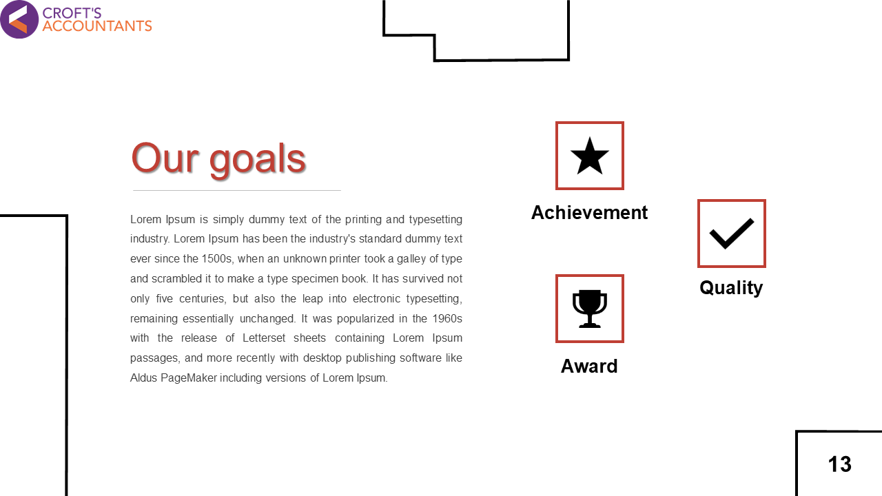Goals presentation slide with three icons in a red framed squares with text on left, set on a white background.