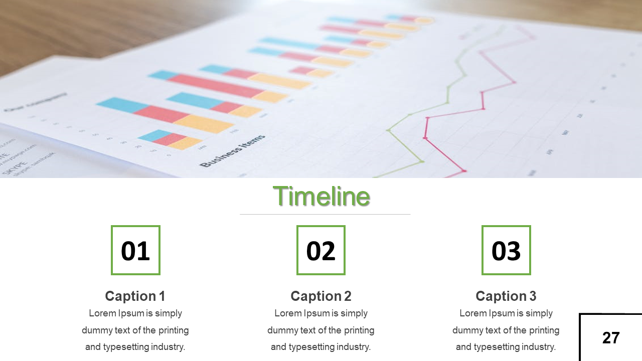 Timeline PowerPoint template with bar and line charts, and captions for each placeholder text.