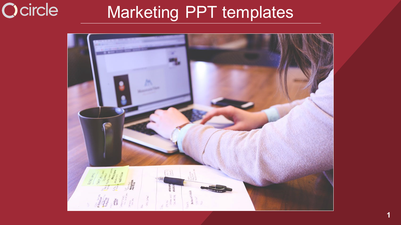 Marketing template with a red header, an office desk setup featuring a laptop, coffee mug, and a person's hands typing.