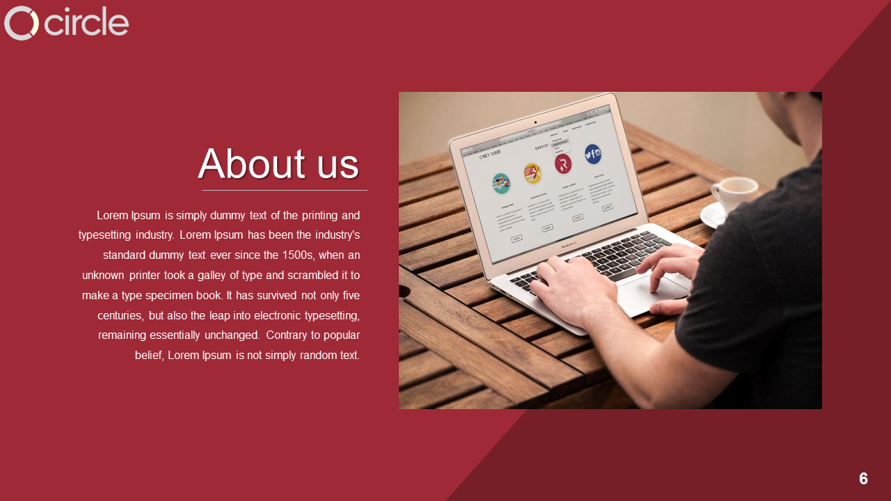 About us slide with a man using a laptop showing social media icons, set against a red background.