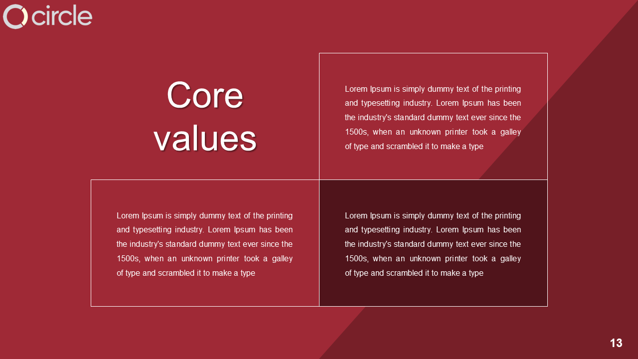 PowerPoint template showcasing core values with colorful text boxes for descriptions.