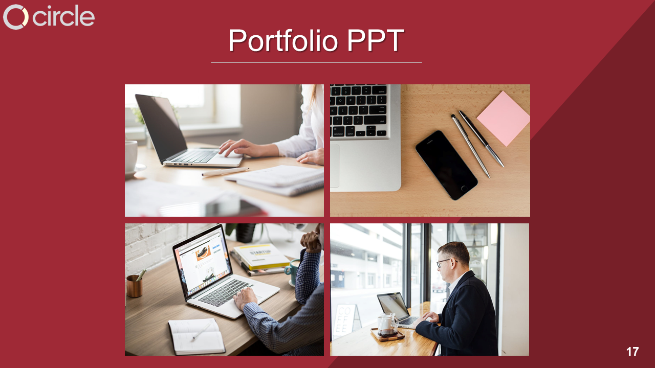 Portfolio PowerPoint template with four images of people working on laptops in different settings.