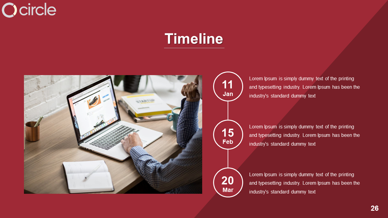 Red themed timeline layout with three circular date markers and a workspace image showing a laptop.