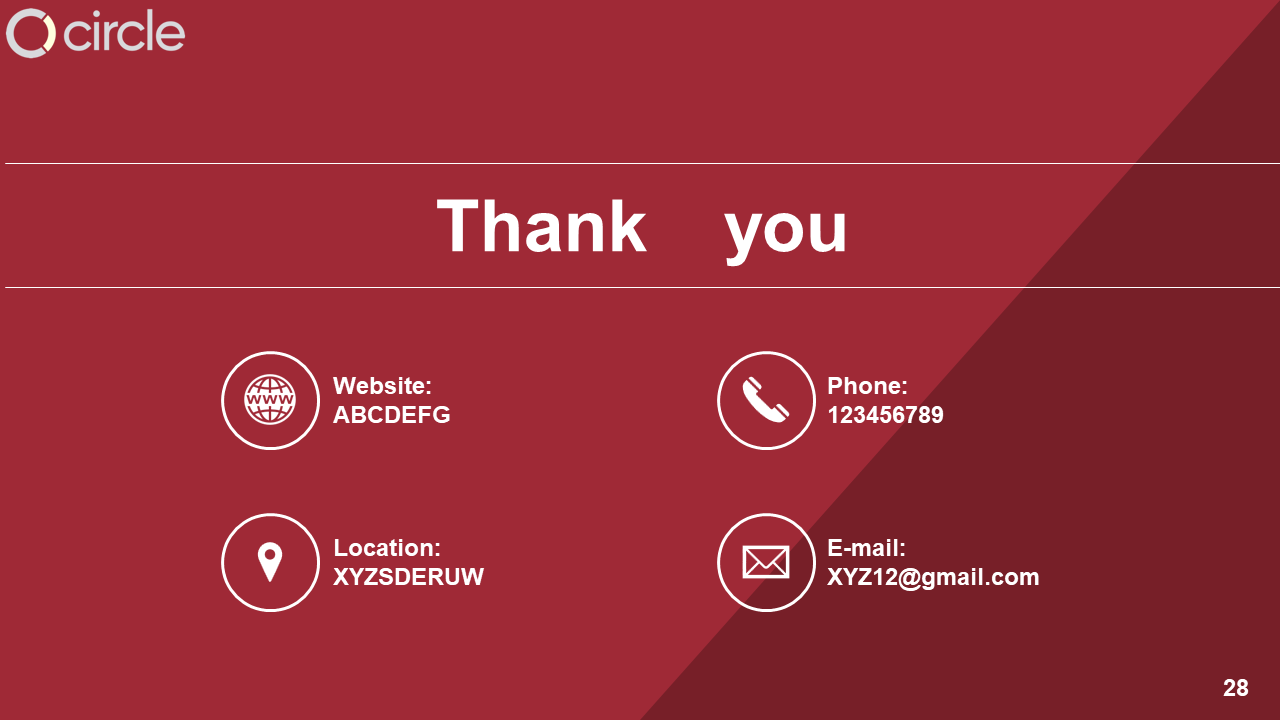 Thank you slide with a red background, bold white text, and four icons for website, phone, location, and email details.