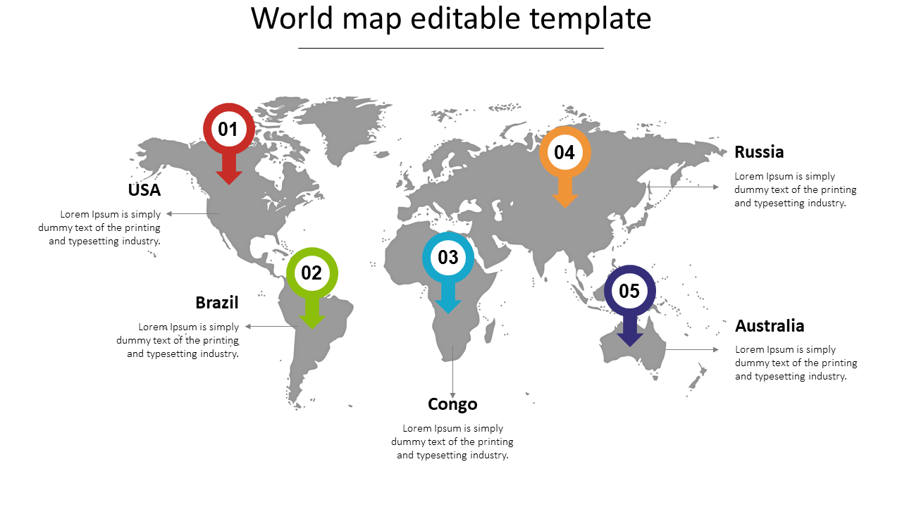 Simple World Map PPT Template With Five Nodes