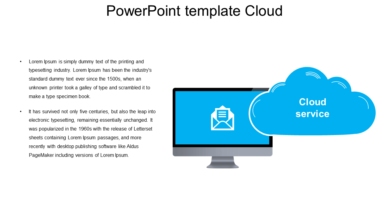 Cloud services infographic with a computer monitor showing an email icon, linked to a blue cloud representing online storage.